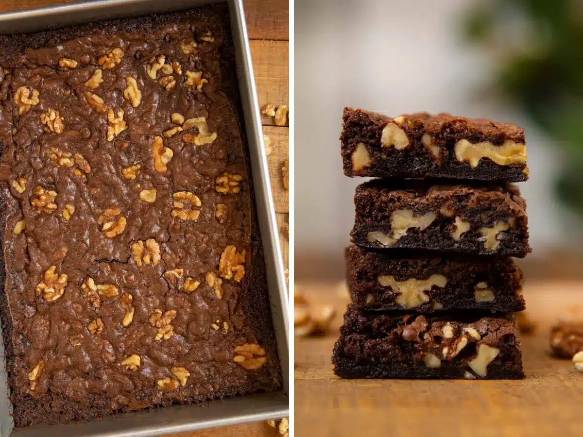 Collage of brownie in baking dish and stacked squares