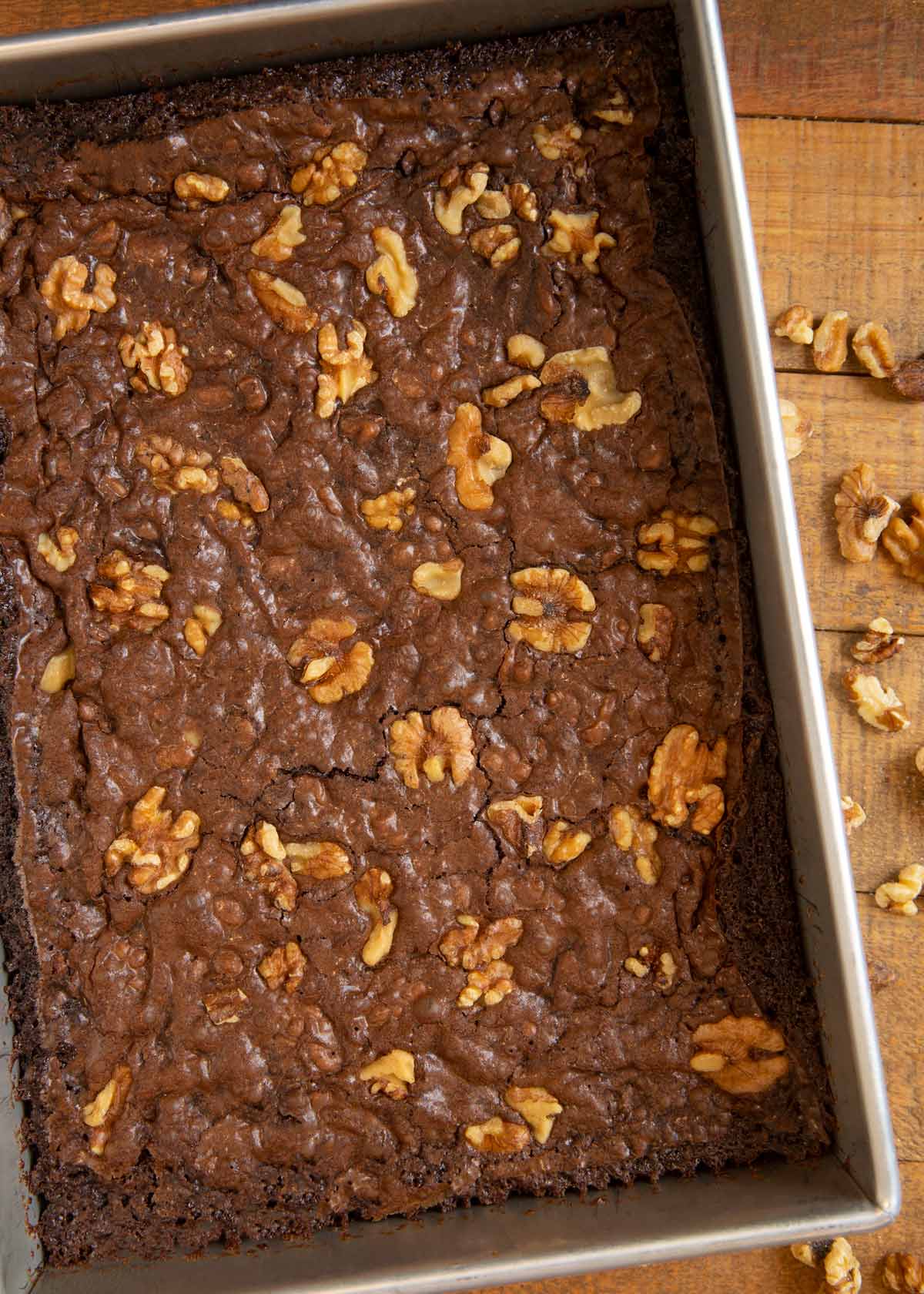 Walnut Brownies uncut in baking dish