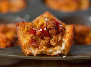 Bacon Cheeseburger Cups on muffin tin