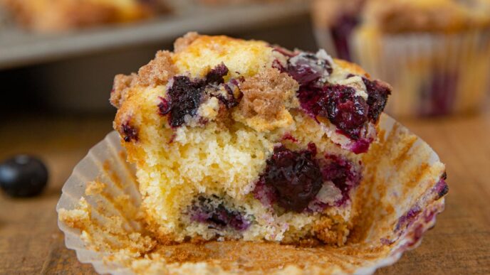 Bite taken out of Blueberry Crumb Muffin on wooden board