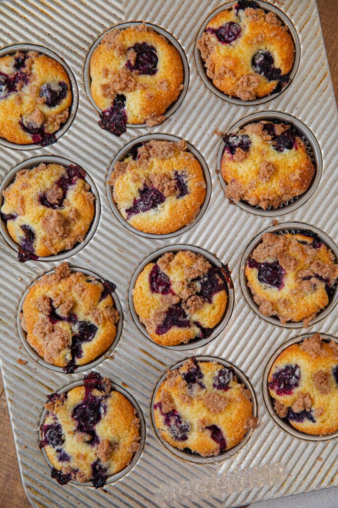 Blueberry Crumb Muffins in muffin tin