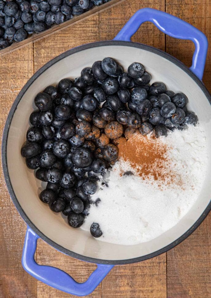 Blueberry Jam ingredients in pot