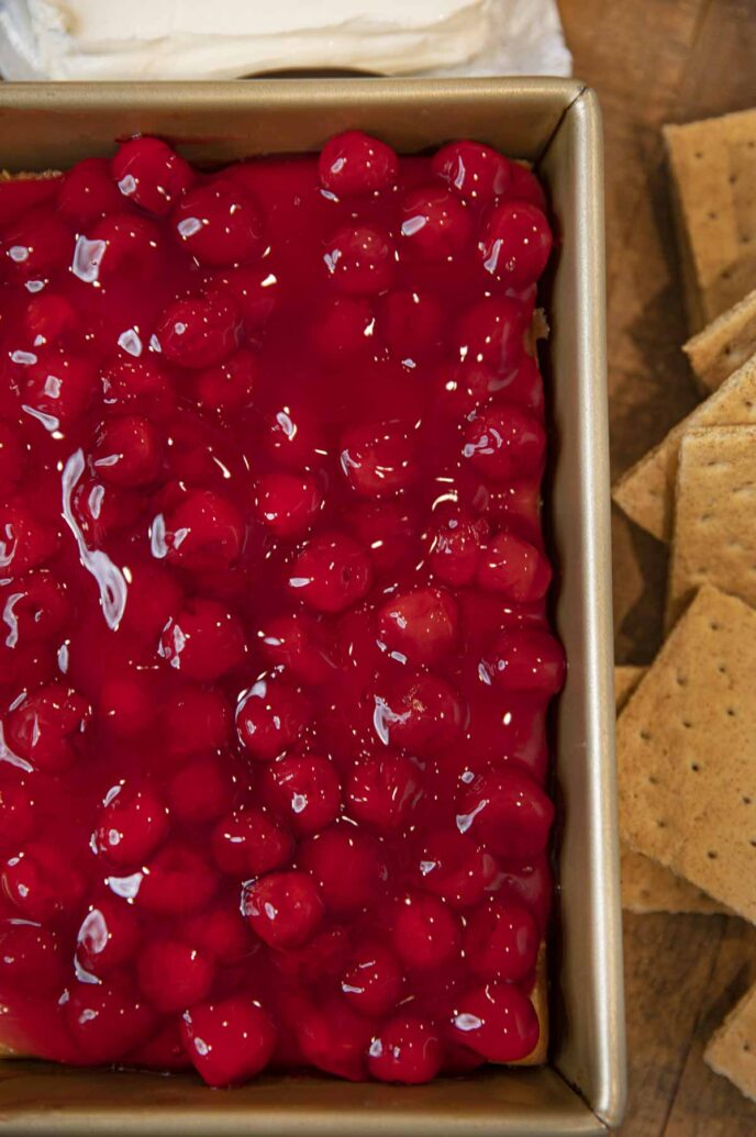 Cherry Cheesecake Bars in pan