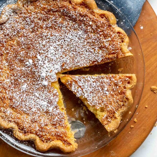 Baked Chess Pie with Slice Cut out and Emphasized