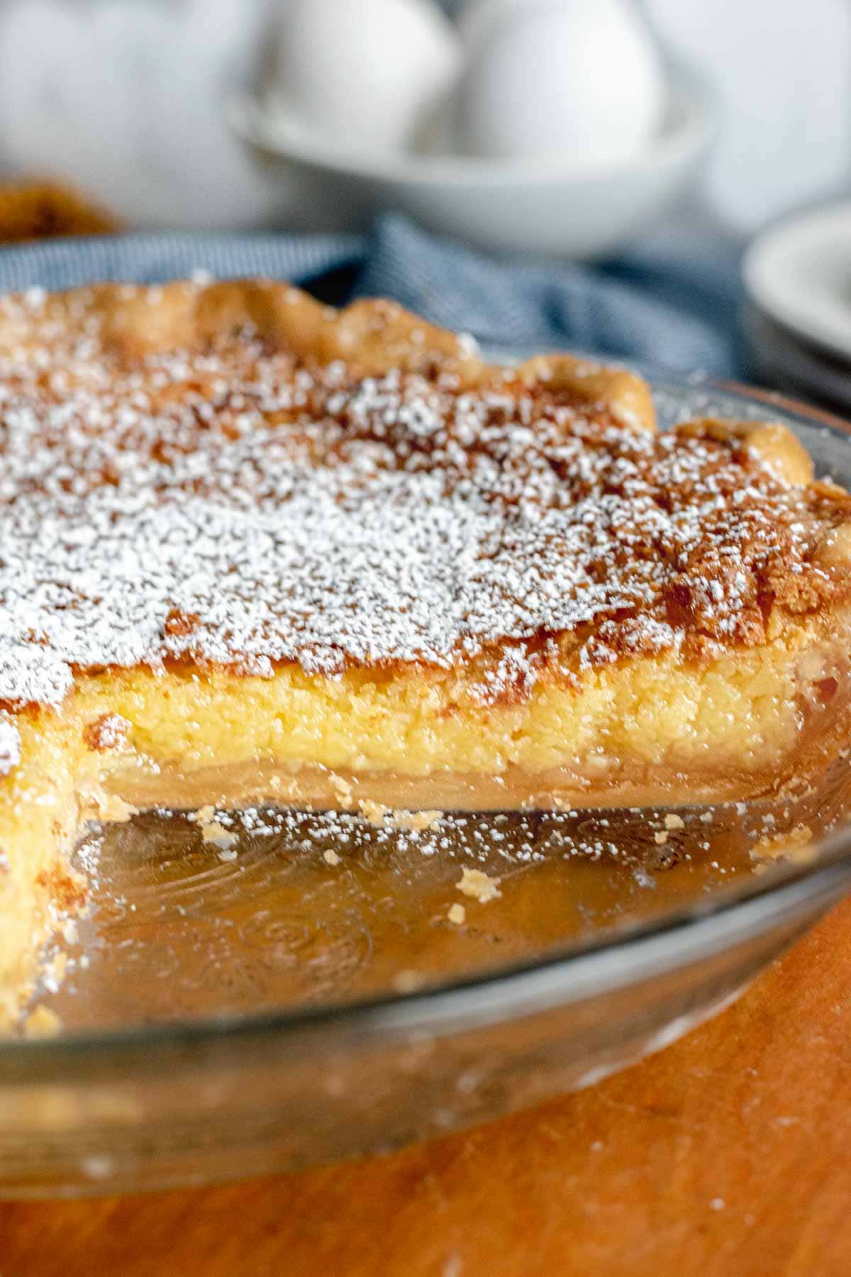 Close Up side view of Baked Chess Pie with Slice Cut Out