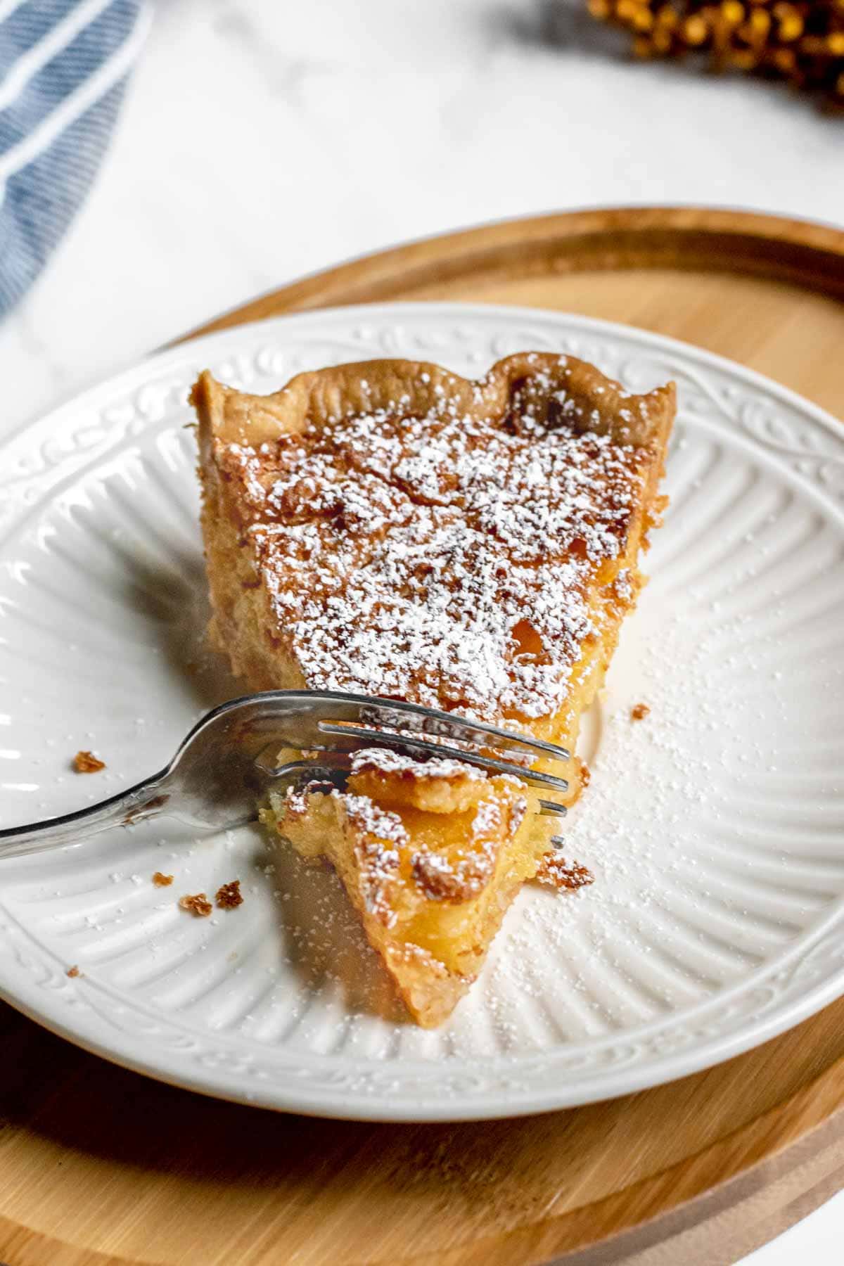 Chess Pie Slice on Plate cutting Small Portion with Fork