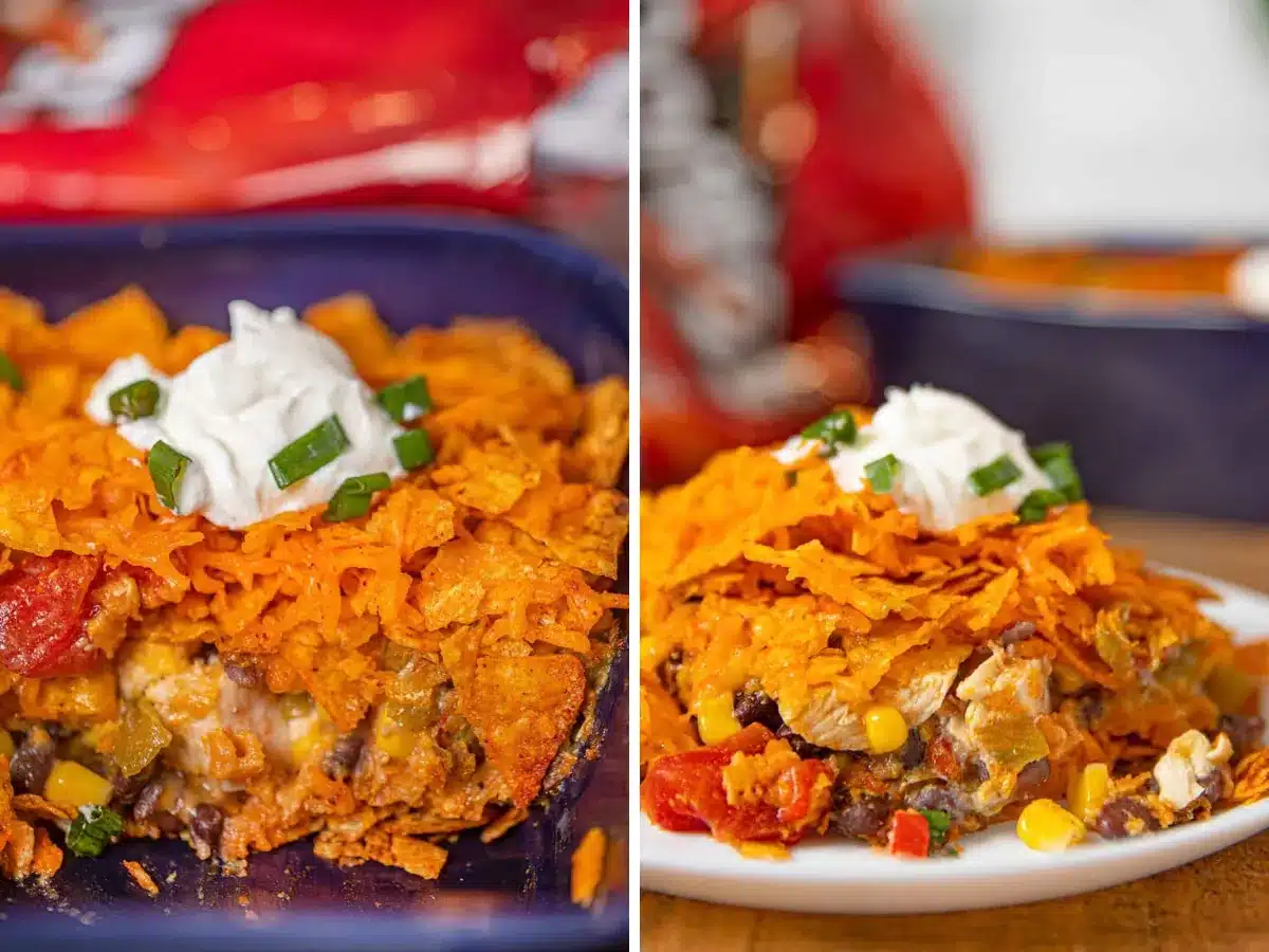 collage of casserole in dish and plated 
