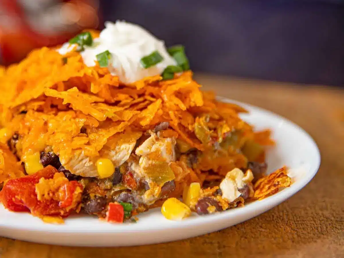 plated casserole topped with sour cream 