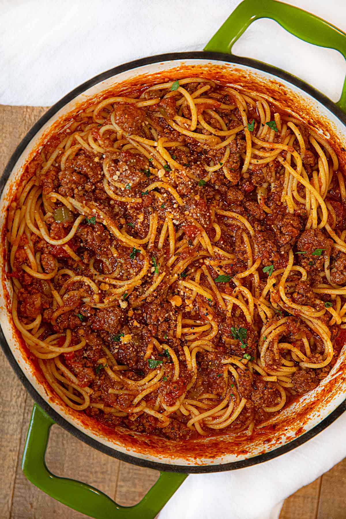 Homemade Meat Sauce in green pot