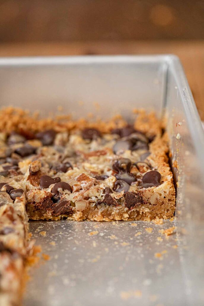 Pan of Five Layer Bars with pieces cut out