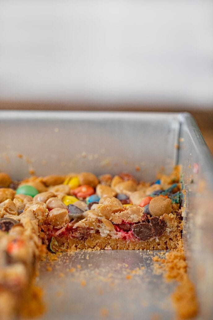 Magic Monster Layer Bars in baking dish, cross-section