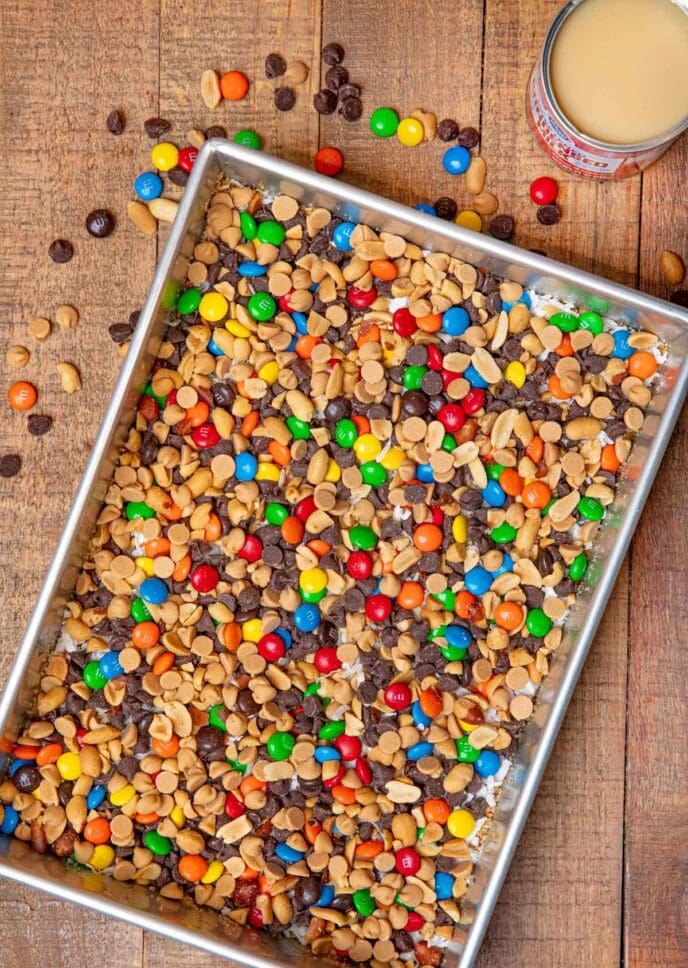 Magic Monster Layer Bars in baking dish, top-down view