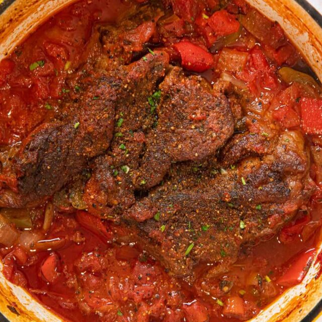 Mexican-style Pot Roast in yellow dutch oven