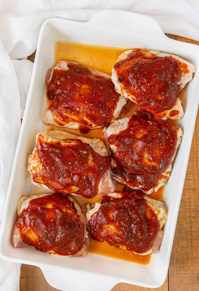 Raw Baked BBQ Chicken Thighs in baking dish