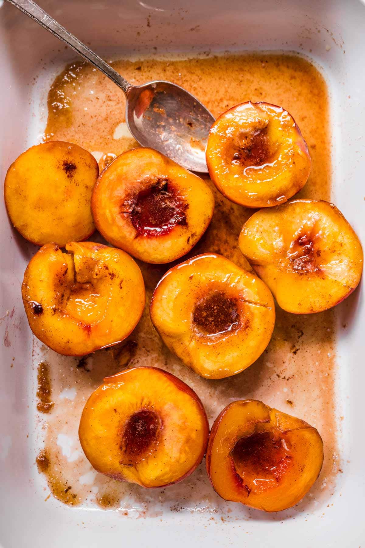 Peaches and Cream peaches on baking pan after baking