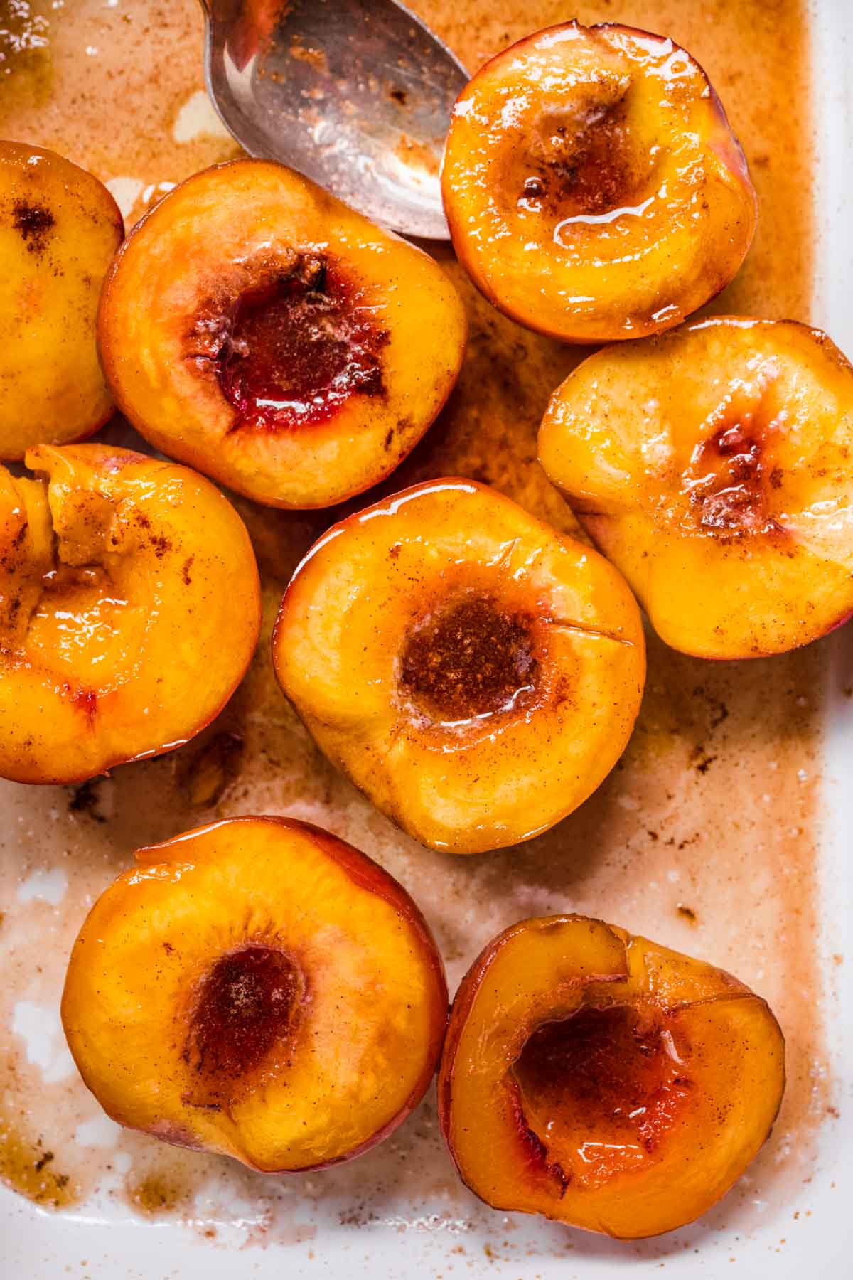 Peaches and Cream peaches on baking pan after baking