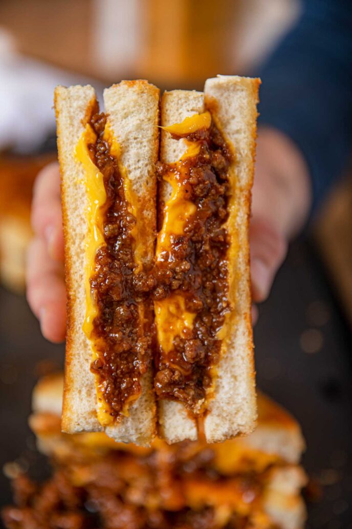 Sloppy Joe Grilled Cheese cut in half