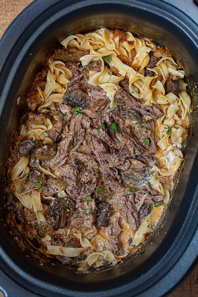 Shredded Slow Cooker Pot Roast Beef Stroganoff with Egg Noodles