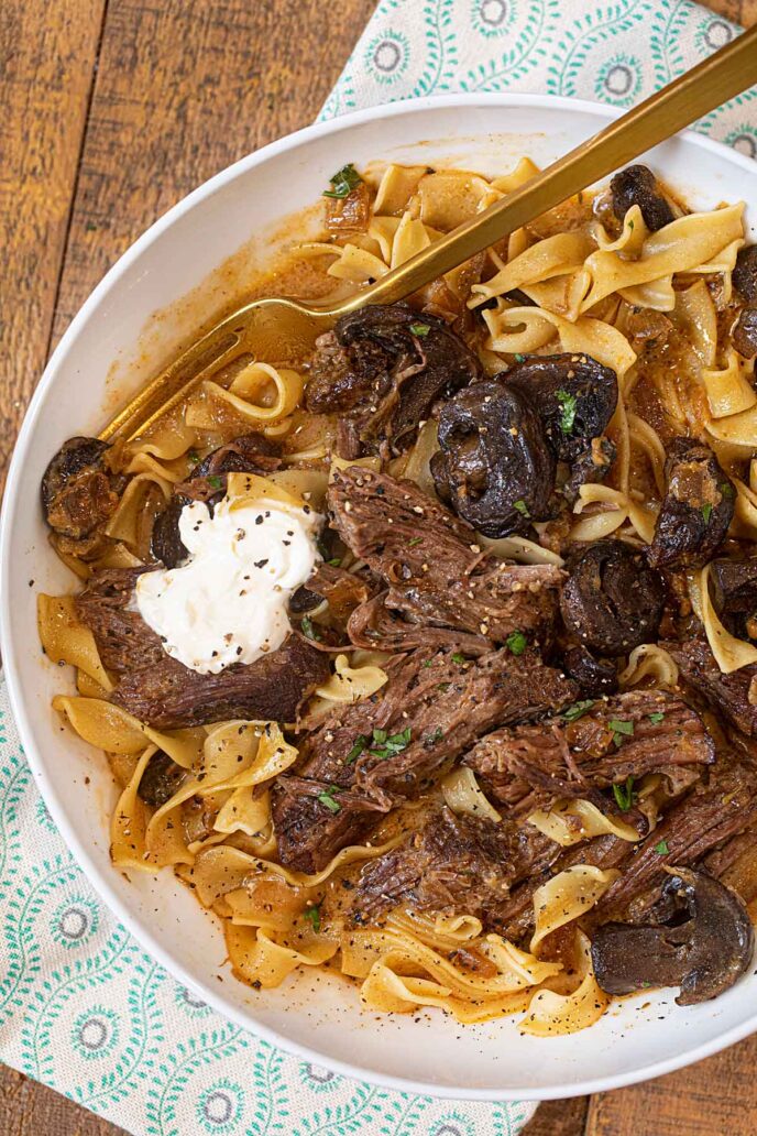 Bowl of Crockpot Pot Roast Beef Stroganoff