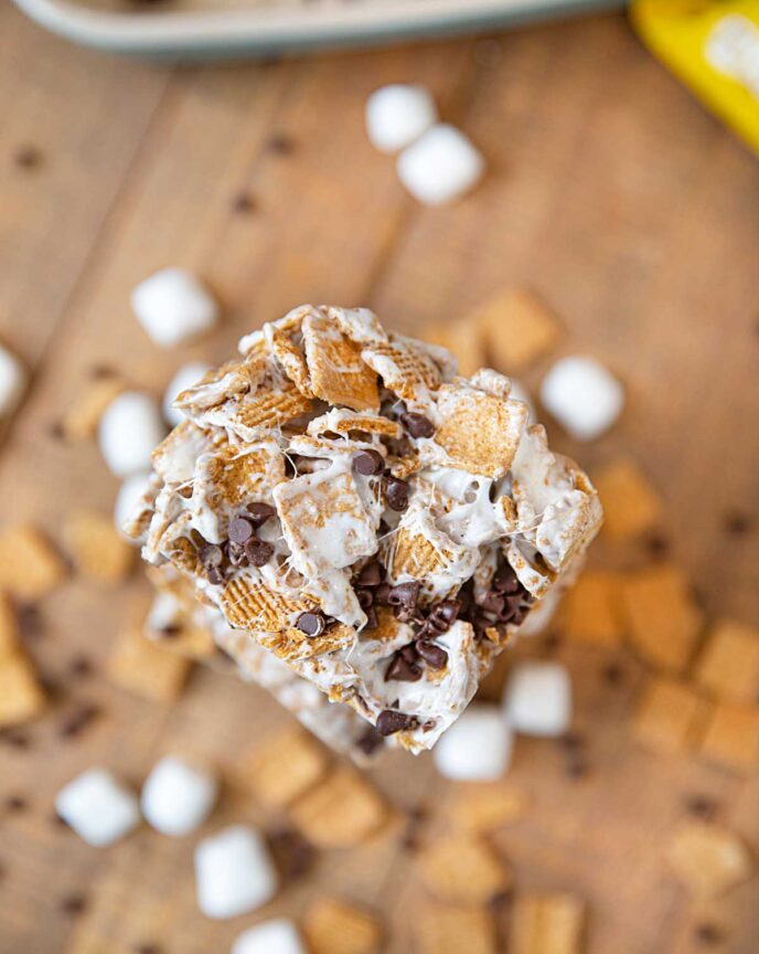S'mores Cereal Bars on wooden board