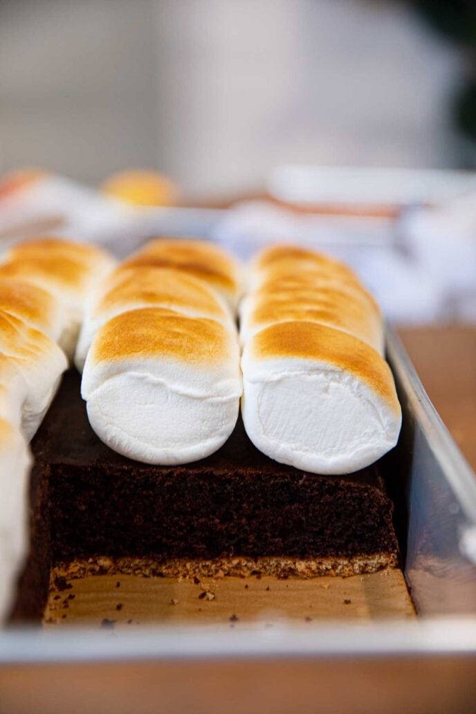 Cake in pan topped with marshmallows