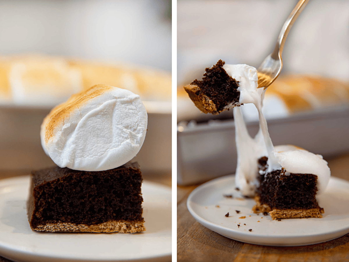 collage of a slice of cake on a plate and a fork taking a bite out of the cake