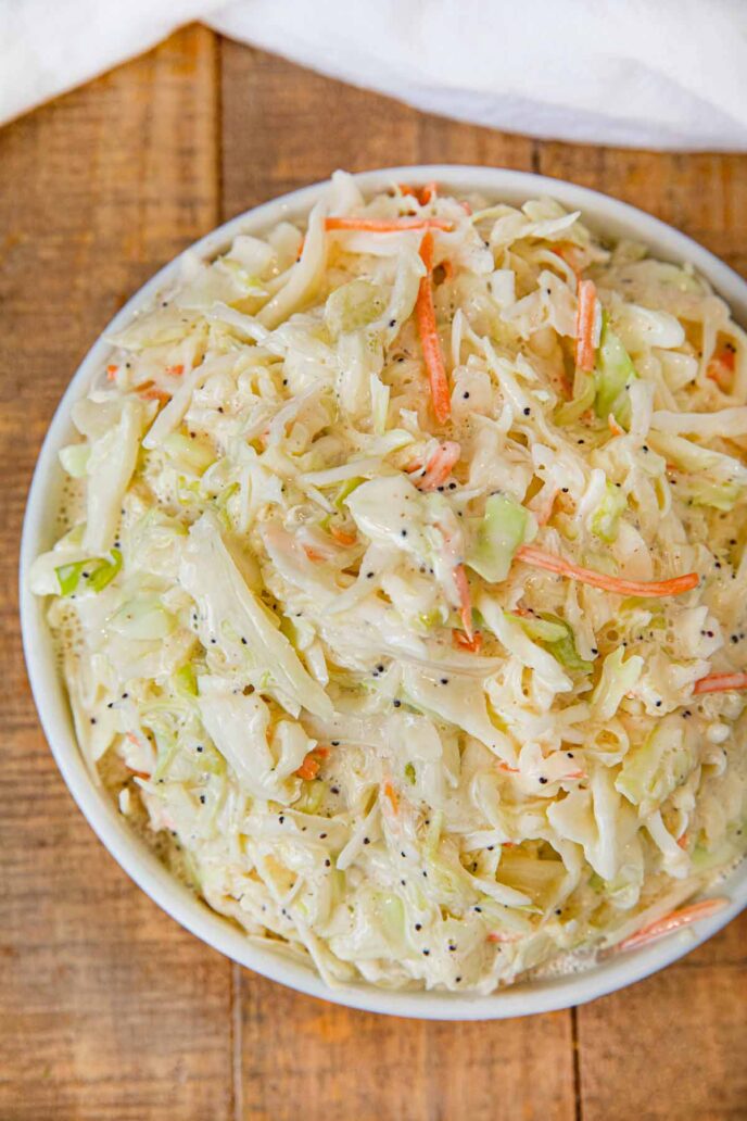 Sweet Coleslaw from top down in white bowl