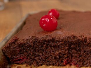 Chocolate Texas Sheet Cake with Cherries and chocolate frosting