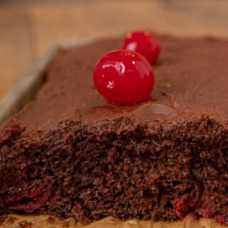 Chocolate Texas Sheet Cake with Cherries and chocolate frosting