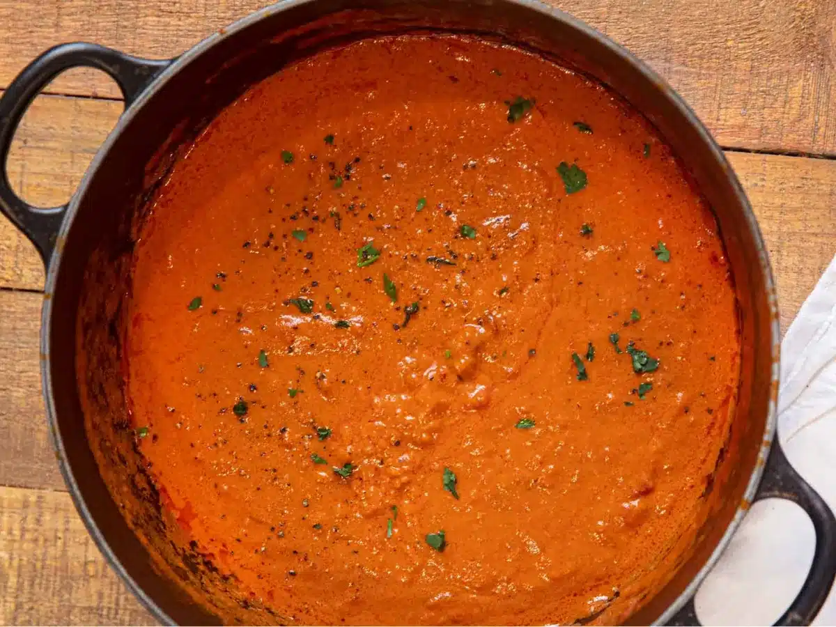 Creamy red sauce in a pan