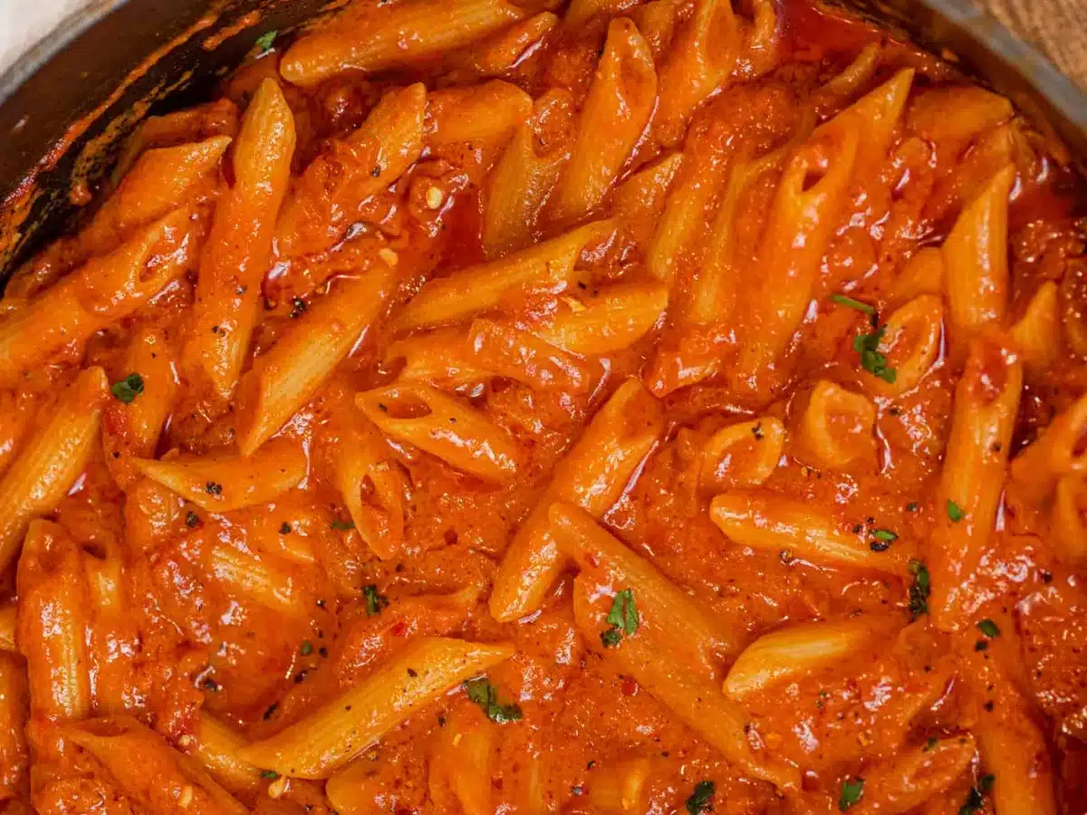 close up of penne with sauce