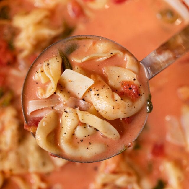 Creamy Tomato Tortellini Soup in ladle