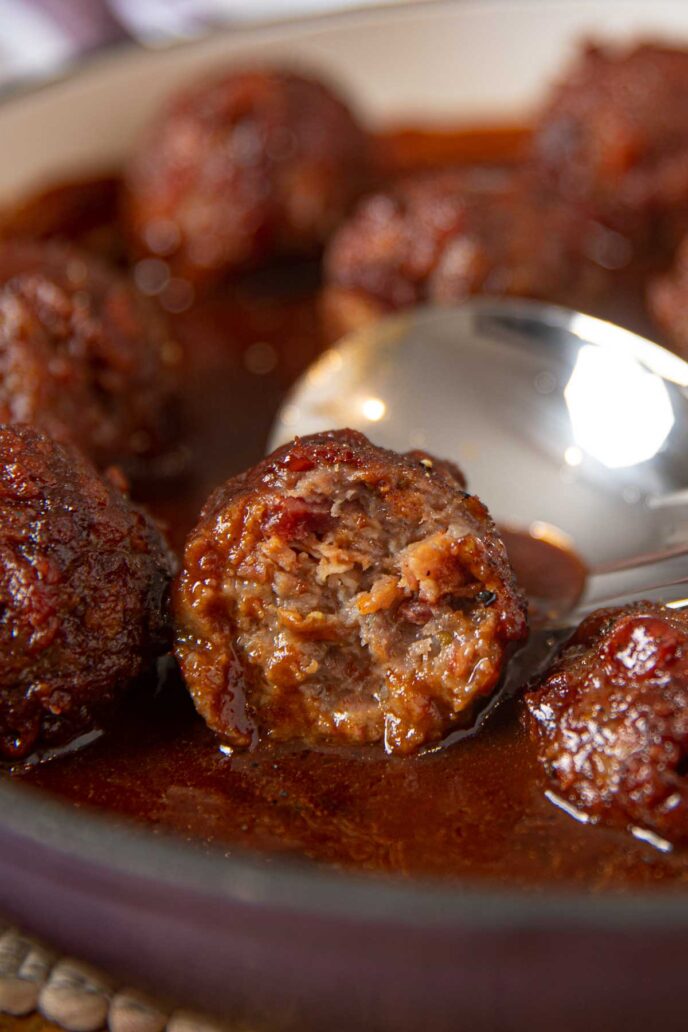 BBQ Bacon Meatballs in pan, close up