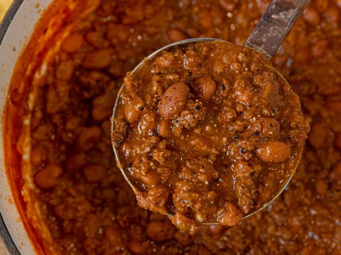 Beef and Beer Chili scoop in ladle