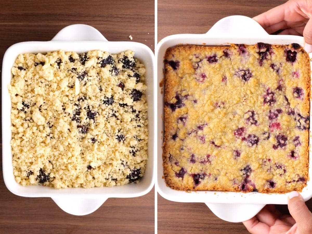 Blackberry Crumb Bars before and after baking