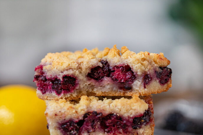 Blackberry Crumb Bars in stack