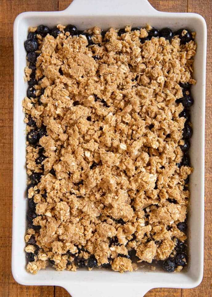 Blueberry Crisp in baking dish, before cooking