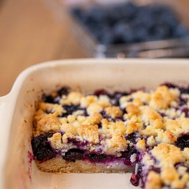 Blueberry Crumb Bar in baking dish