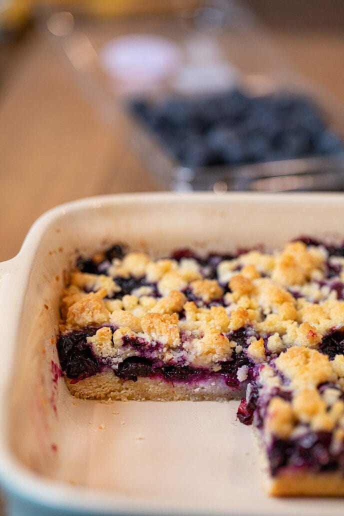 Blueberry Crumb Bars in baking dish