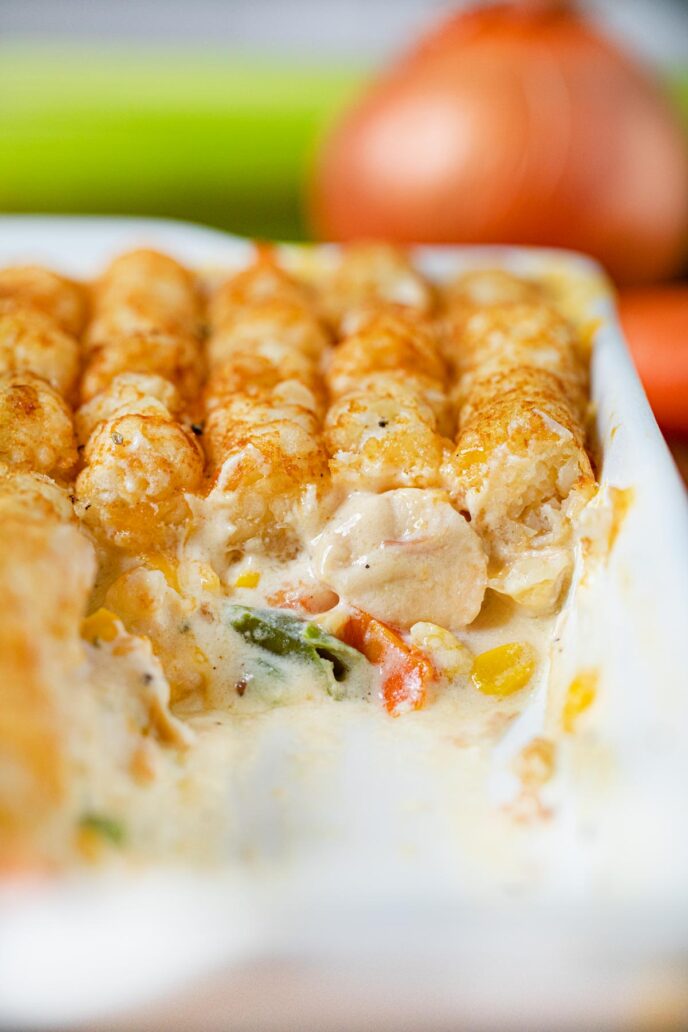 Tater Tot Chicken Pot Pie in baking dish, inside view