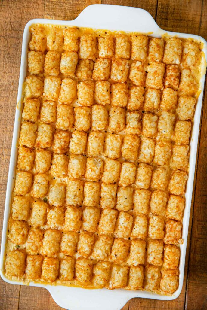 Chicken Tot Pie uncut in baking pan