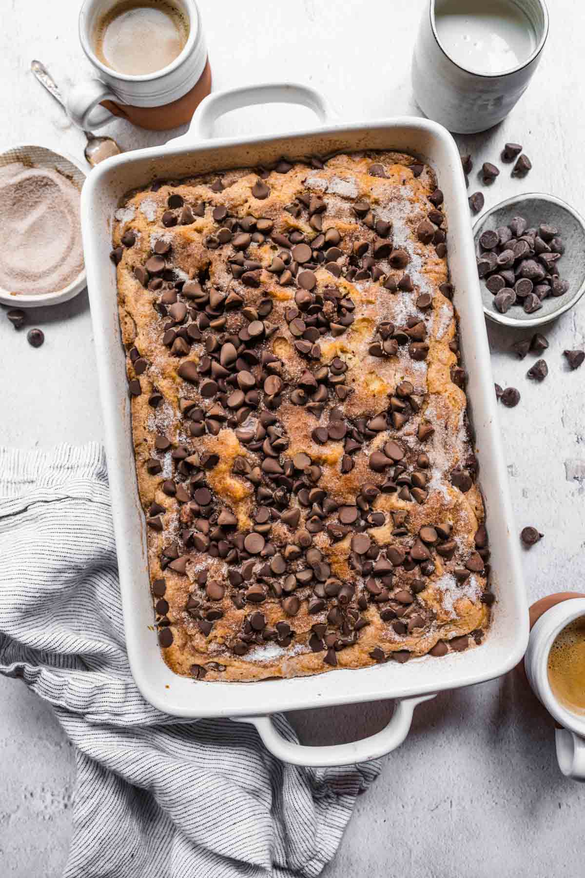 Chocolate Chip Coffee Cake in baking pan after baking