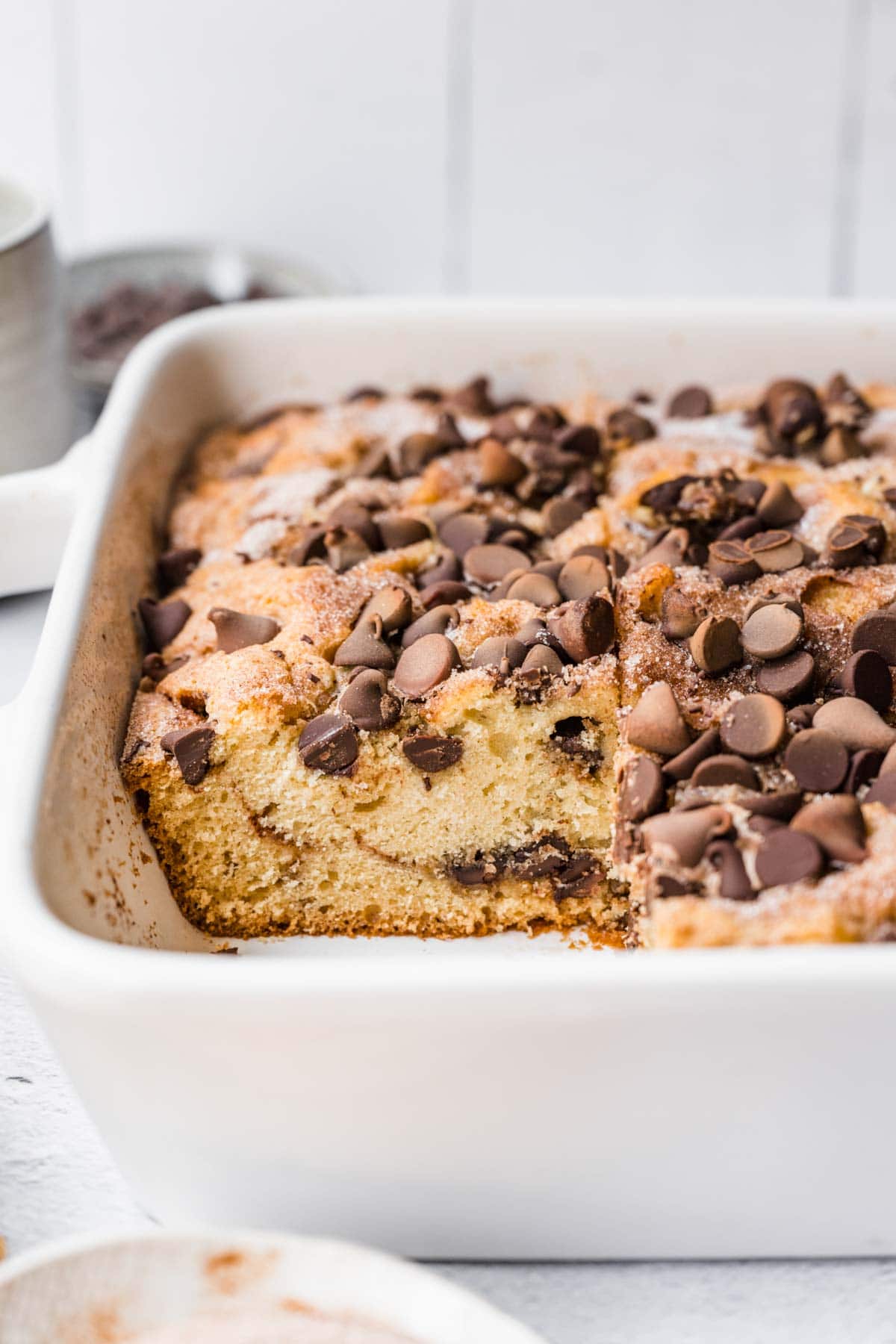 Chocolate Chip Coffee Cake sliced in baking pan