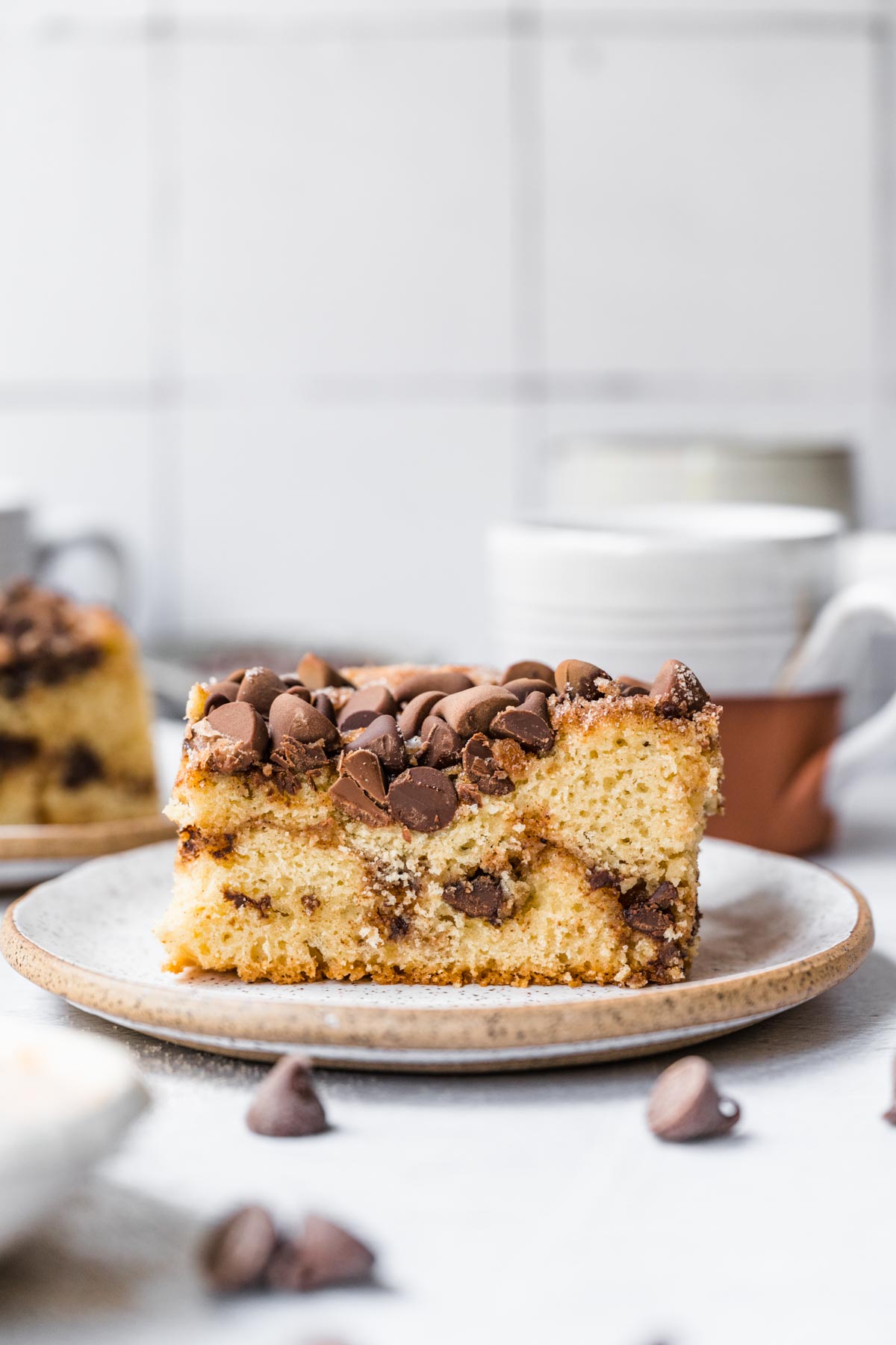 Chocolate Chip Coffee Cake slice on plate