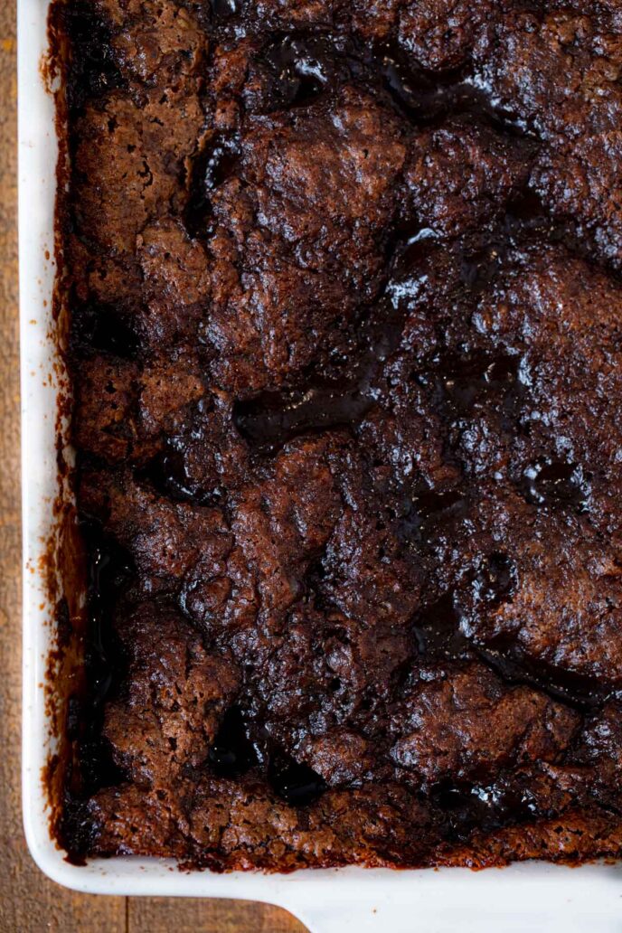 Chocolate Cobbler close up in baking dish