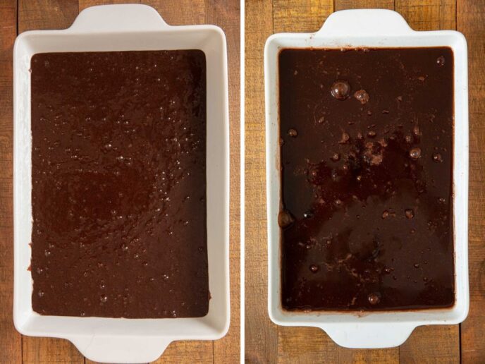 Chocolate Cobbler before and after adding warm water