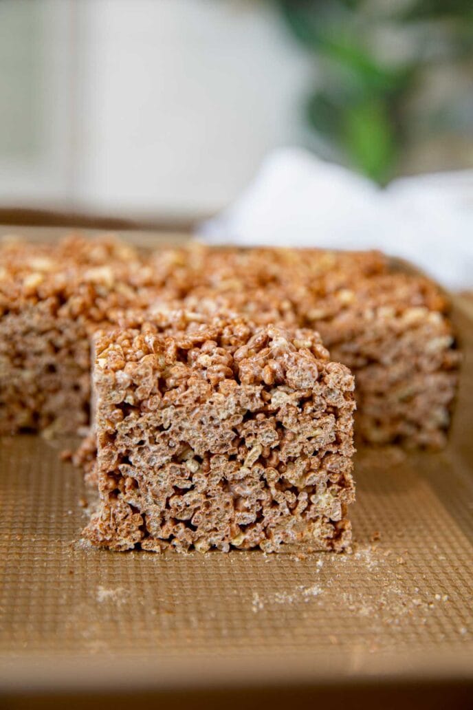 Chocolate Rice Krispies treat square in baking dish