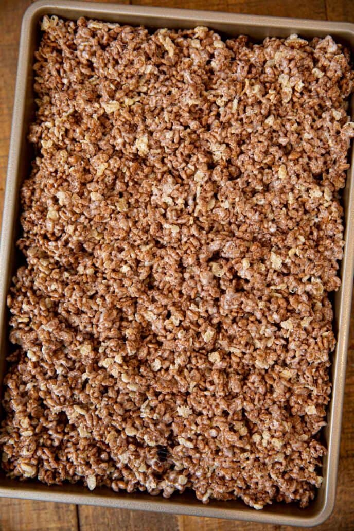 Chocolate Rice Krispies in baking pan before slicing