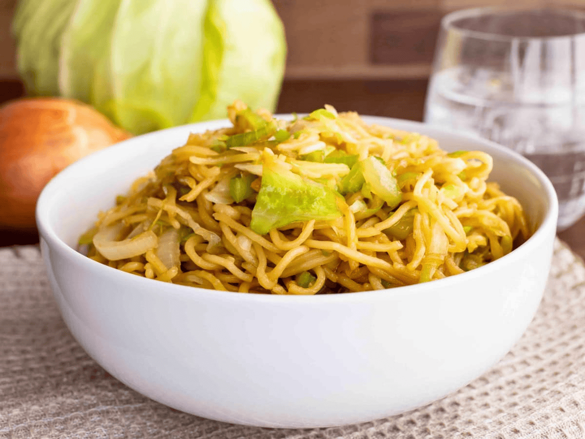 noodles in a white bowl side view 