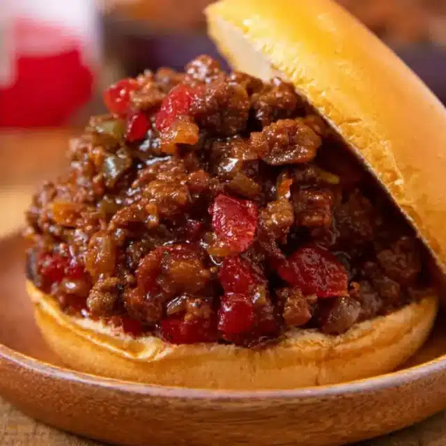 Meat mixture served on bun with bun open